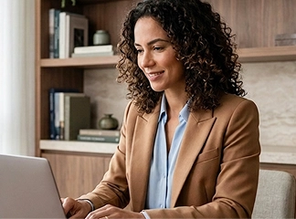 Mulher de blazer marrom trabalha em um notebook sobre uma mesa de madeira no escritório.