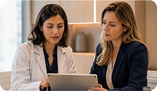 Médica e mulher consultam juntas um tablet durante em um ambiente de atendimento.