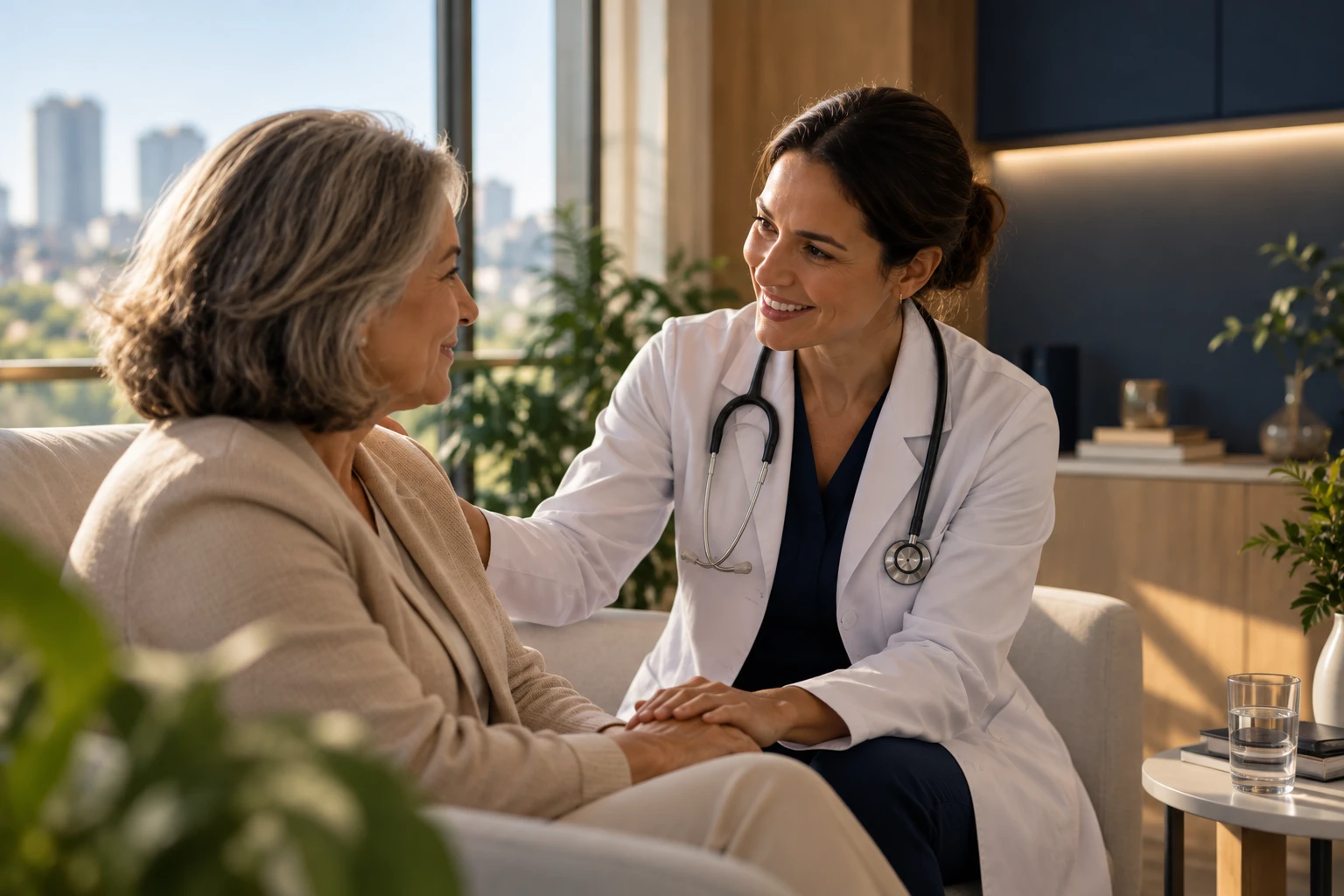 Médica conversa com paciente idosa, segurando sua mão e apoiando a outra mão em seu ombro.