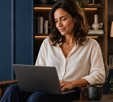 Mulher de camisa branca utiliza um notebook no colo, sentada em uma poltrona ao lado de uma caneca.
