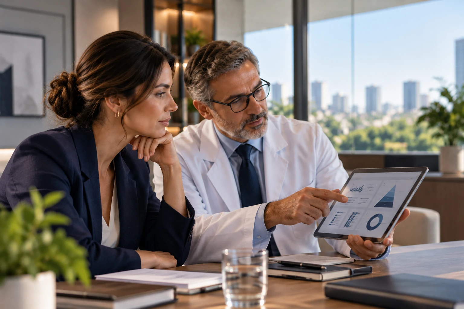 Médico apresenta gráficos em um tablet a uma mulher durante reunião à mesa.