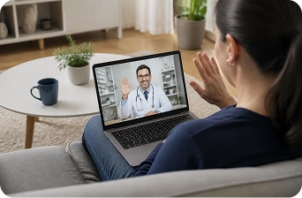 Mulher sentada no sofá acena para um médico durante consulta por videochamada no notebook.